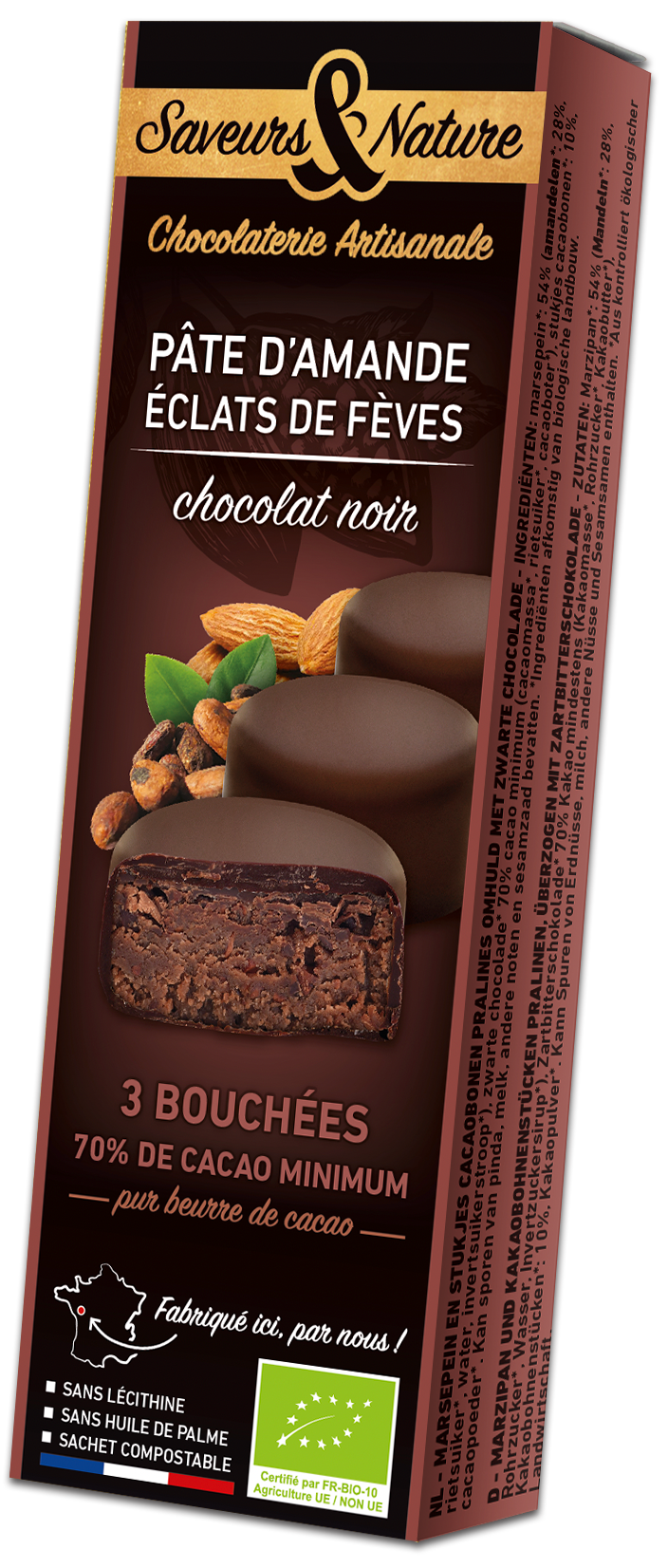 Saveurs et Nature Bouchées Pâte d'Amande & Fèves Enrobées de Chocolat Noir 70% De Cacao, 45G