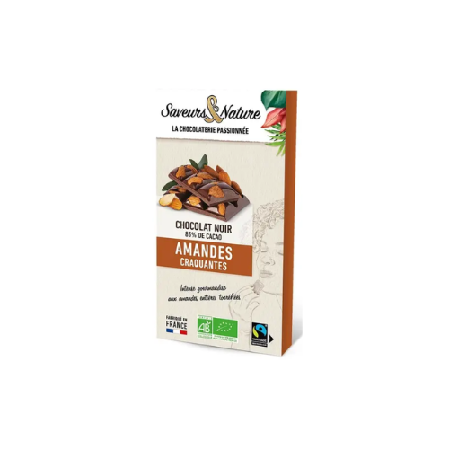 Saveurs et Nature Tablette de Chocolat Noir 85% de Cacao Minimum - Amandes Entières, 100G