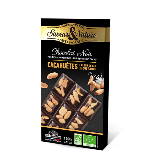 Saveurs et Nature Tablette de Chocolat Noir 70% de Cacao Minimum à la Fleur de Sel de Guérande - Cacahuètes, 100G
