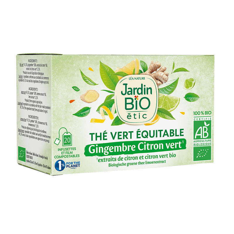 JARDIN BIO ETIC Thé vert gingembre citron vert 20 sachets 30g pas cher 