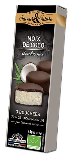 Saveurs et Nature Bouchées Coco Enrobées de Chocolat Noir 70% De Cacao, 45G
