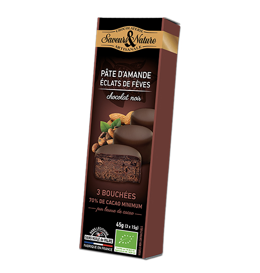 Saveurs et Nature Bouchées Pâte d'Amande & Fèves Enrobées de Chocolat Noir 70% De Cacao, 45G