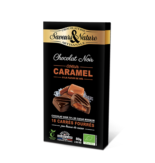 Saveurs et Nature Carrés de Chocolat Noir 70% de Cacao Fourrés au Caramel à La Fleur de Sel de Guérande, 80G