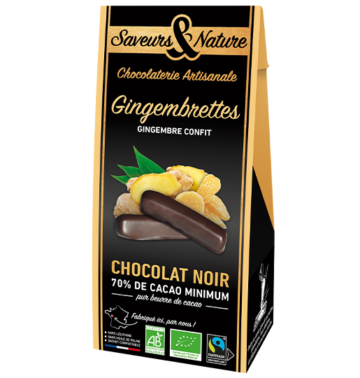 Saveurs et Nature "Gingembrettes", Lamelles de Gingembre Confit Enrobées de Chocolat Noir, 125G