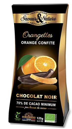 Saveurs et Nature "Orangettes", Lamelles d'Écorces d'Orange Enrobées de Chocolat Noir 125G