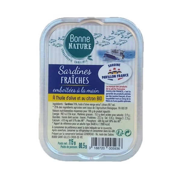 Bonne Nature Sardines Fraîches Emboitées à la Main à l'Huile d'Olive et au Citron Bio 115G
