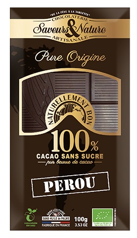 Saveurs et Nature Tablette de Cacao 100% Pure Origine Pérou, sans Sucre, 100G