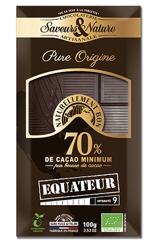 Saveurs et Nature Tablette de Chocolat Noir 70% de Cacao Pure Origine Equateur, 100G