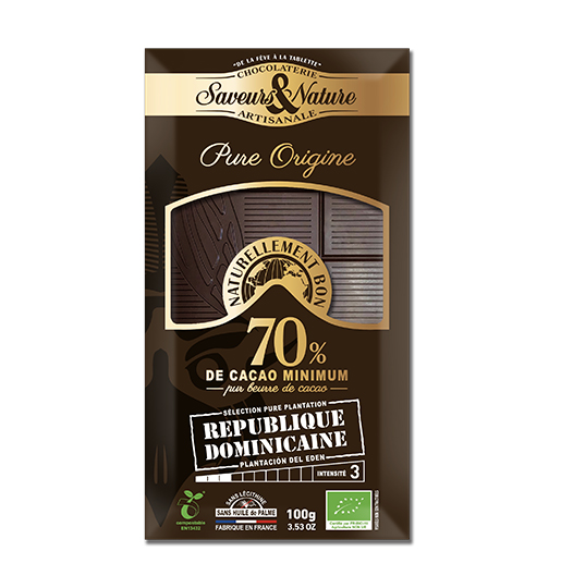 Saveurs et Nature Tablette de Chocolat Noir 70% de Cacao Pure Origine République Dominicaine, 100G