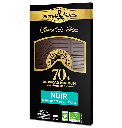 Saveurs et Nature Tablette de Chocolat Noir 70% de Cacao à La Fleur de Sel de Guérande, 100G