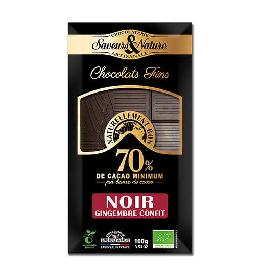 Saveurs et Nature Tablette de Chocolat Noir 70% de Cacao au Gingembre Confit, 100G