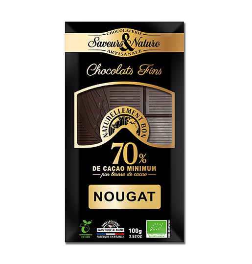 Saveurs et Nature Tablette de Chocolat Noir 70% De Cacao au Nougat de Montélimar, 100G