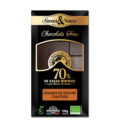 Saveurs et Nature Tablette de Chocolat Noir 70% de Cacao au Sésame Grillé, 100G