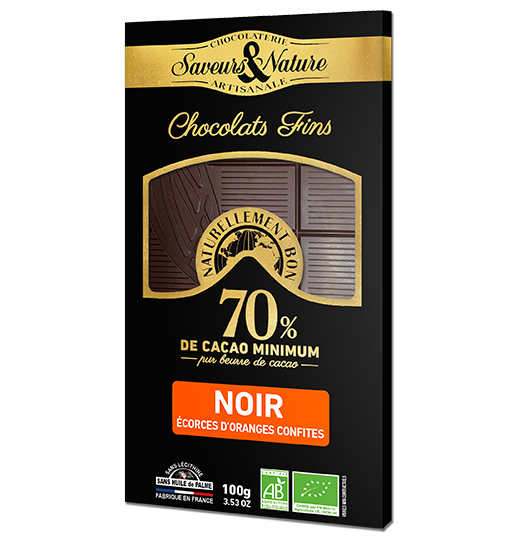 Saveurs et Nature Tablette de Chocolat Noir 70% De Cacao et Écorces d'Orange, 100G