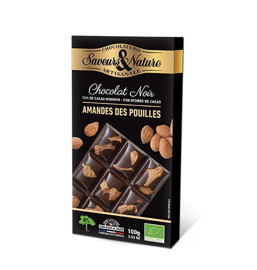 Saveurs et Nature Tablette de Chocolat Noir 70% de Cacao Minimum - Amandes Entières, 100G