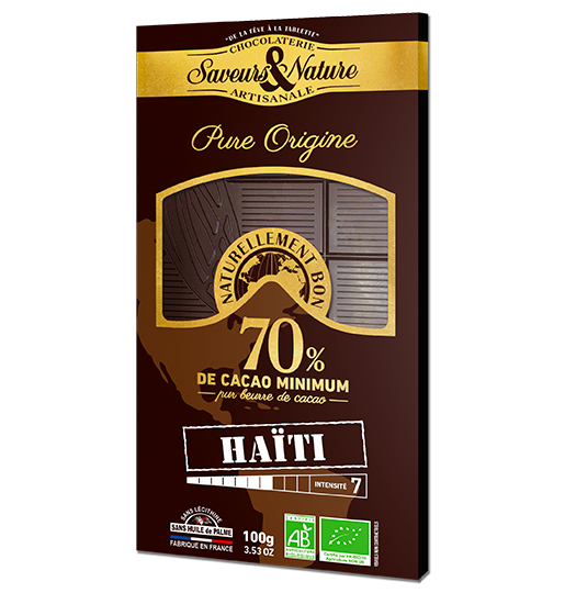 Saveurs et Nature Tablette de Chocolat Noir 70% de Cacao Pure Origine Haiti, 100G