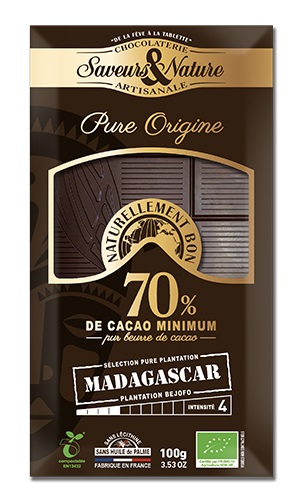 Saveurs et Nature Tablette de Chocolat Noir 70% de Cacao Pure Origine Madagascar, 100G