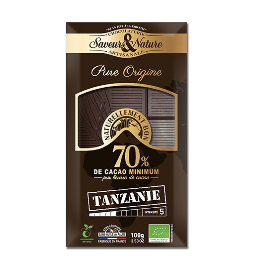 Saveurs et Nature Tablette de Chocolat Noir 70% de Cacao Pure Origine Tanzanie, 100G