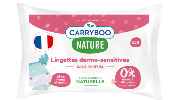 Carryboo Lingettes Dermo-sensitives sans Parfum 100% Compostables 58 Unités