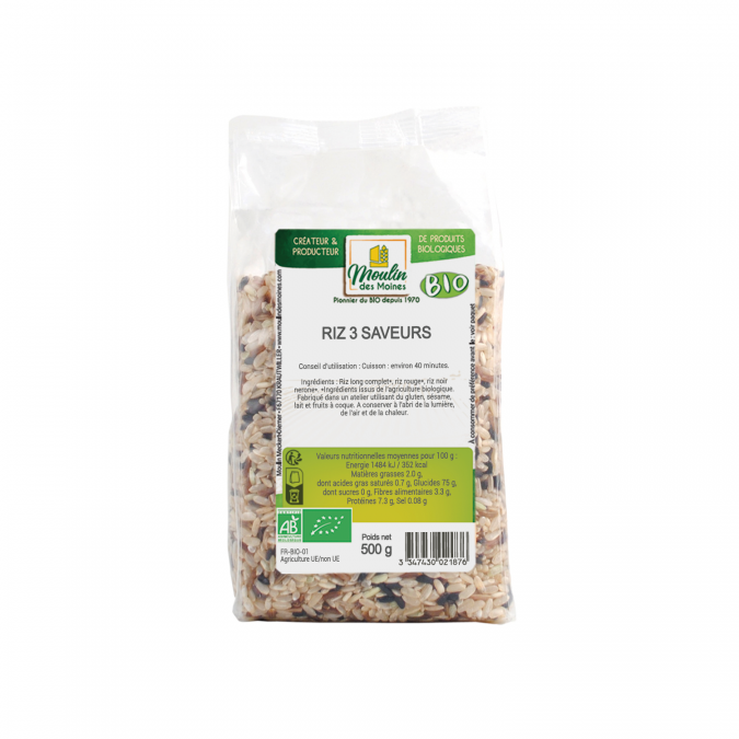Moulin des Moines Riz 3 Saveurs (long complet, rouge, sauvage) 500G
