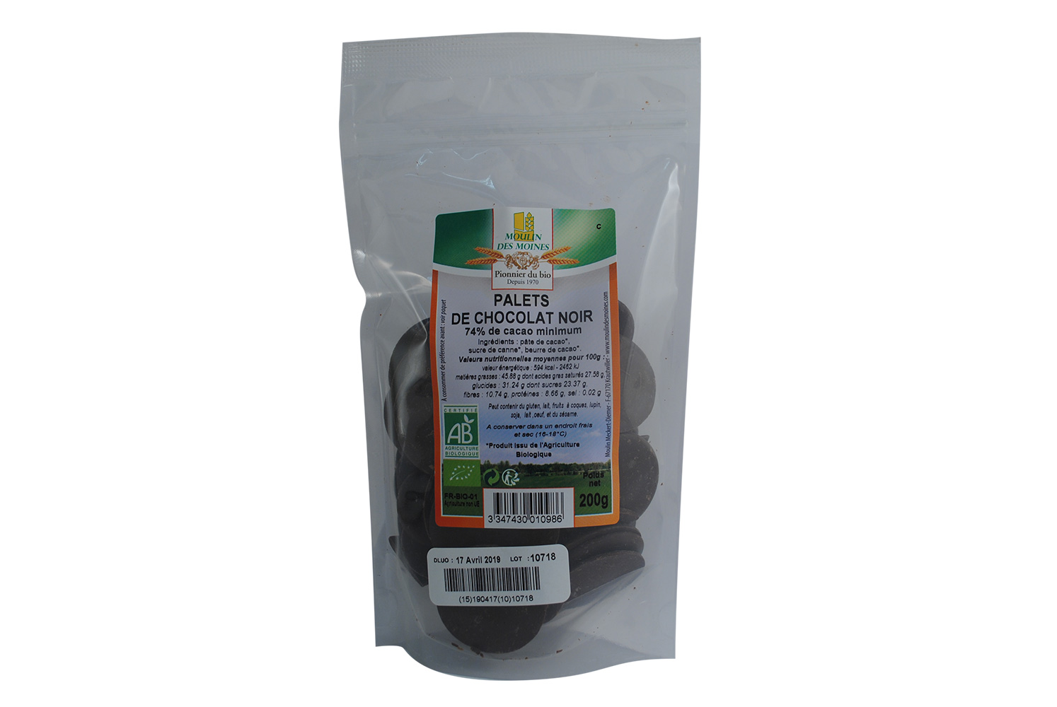 Moulin des Moines Palets Choco Noir 74% 200G
