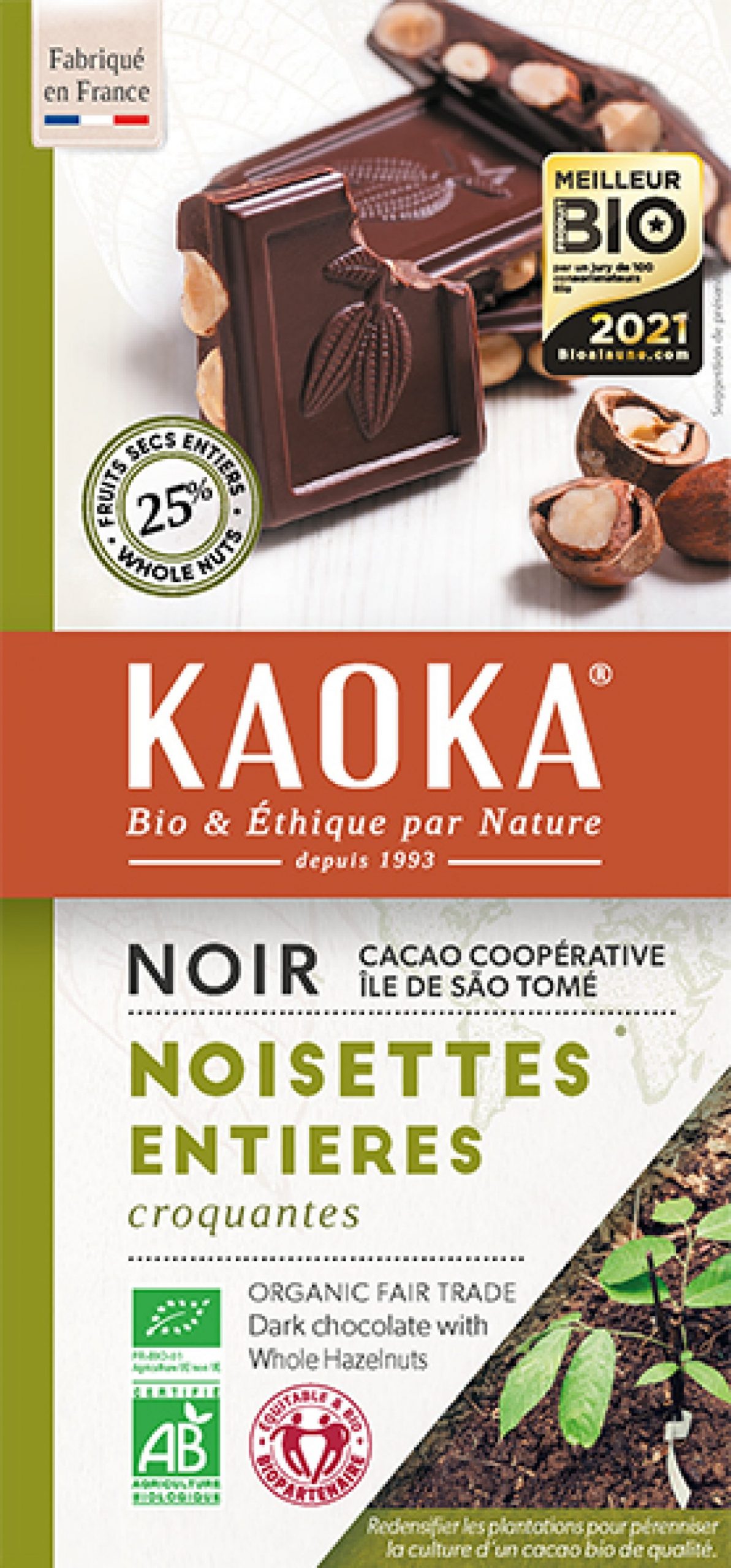 Kaoka Chocolat Noir 66% avec Noisettes Entières 25% - 180G