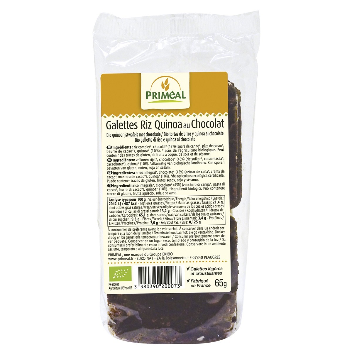 Primeal Galettes Riz Quinoa au Chocolat 65G