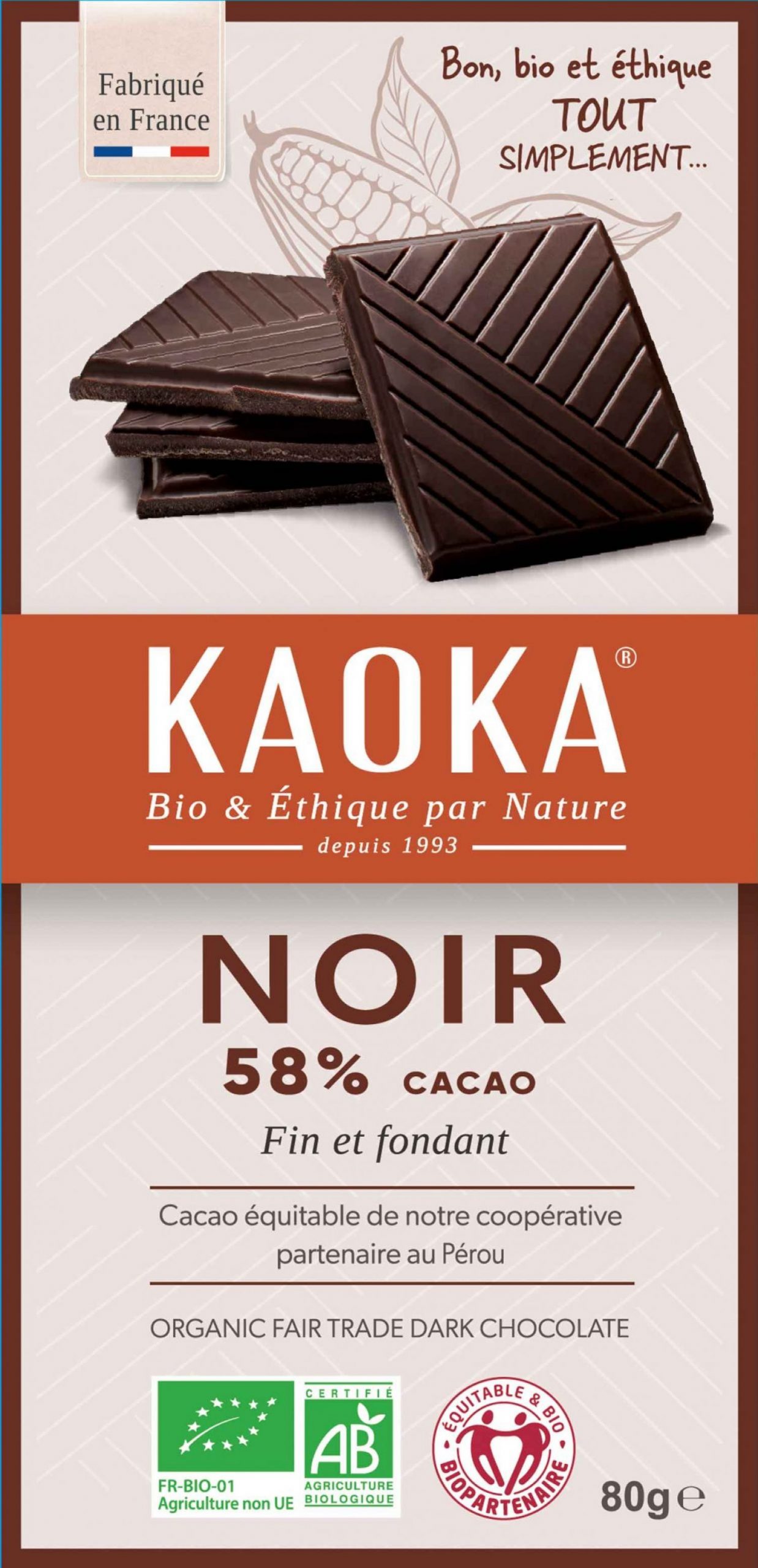 Kaoka Chocolat Noir 58% Cacao Simply 80G