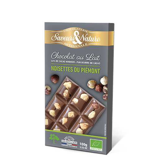 Saveurs et Nature Tablette de Chocolat au Lait 40% de Cacao Minimum - Noisettes Entières, 100G